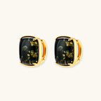 Elegant cushion-cut green amber earrings with golden inclusions in 18K gold-plated sterling silver settings.