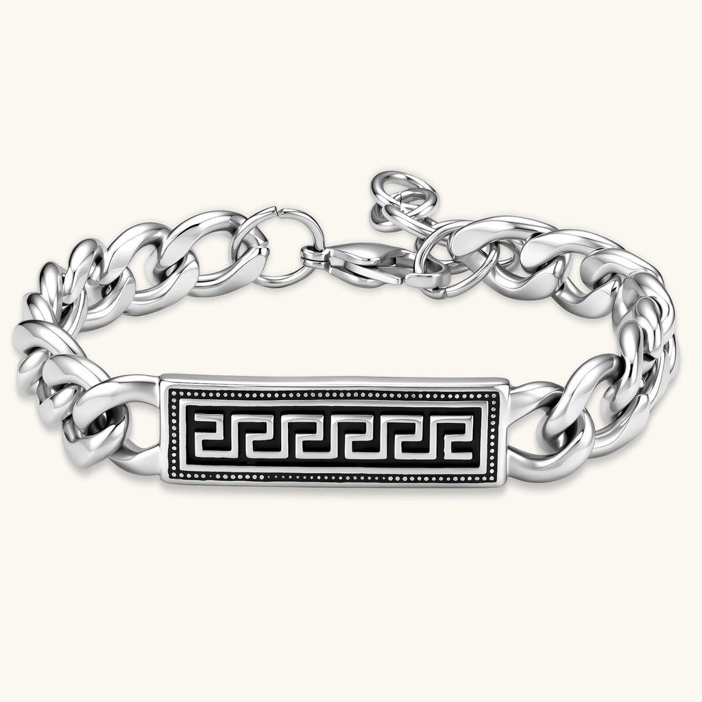 Silver 316L stainless steel curb chain bracelet with black Greek key meander rectangular ID plate, adjustable lobster clasp.