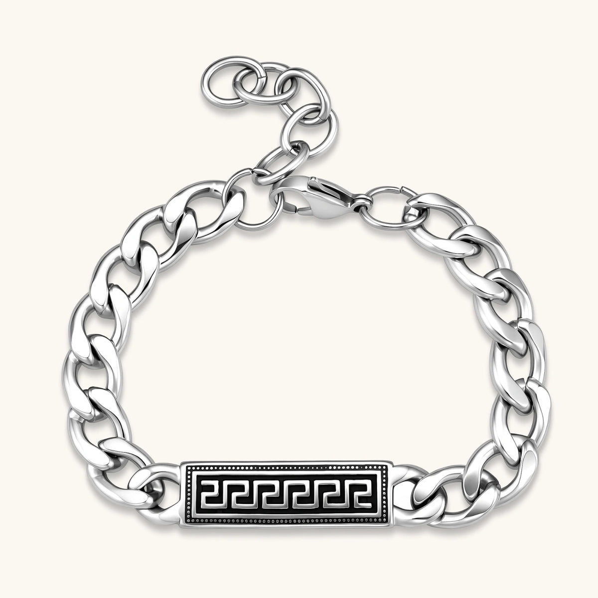 Silver 316L stainless steel curb chain bracelet with black Greek key meander rectangular ID plate, adjustable lobster clasp.