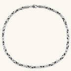 Men's antique silver Byzantine chain necklace, 6.2mm wide interlocking S-link pattern with ornate lobster clasp, 560mm length.